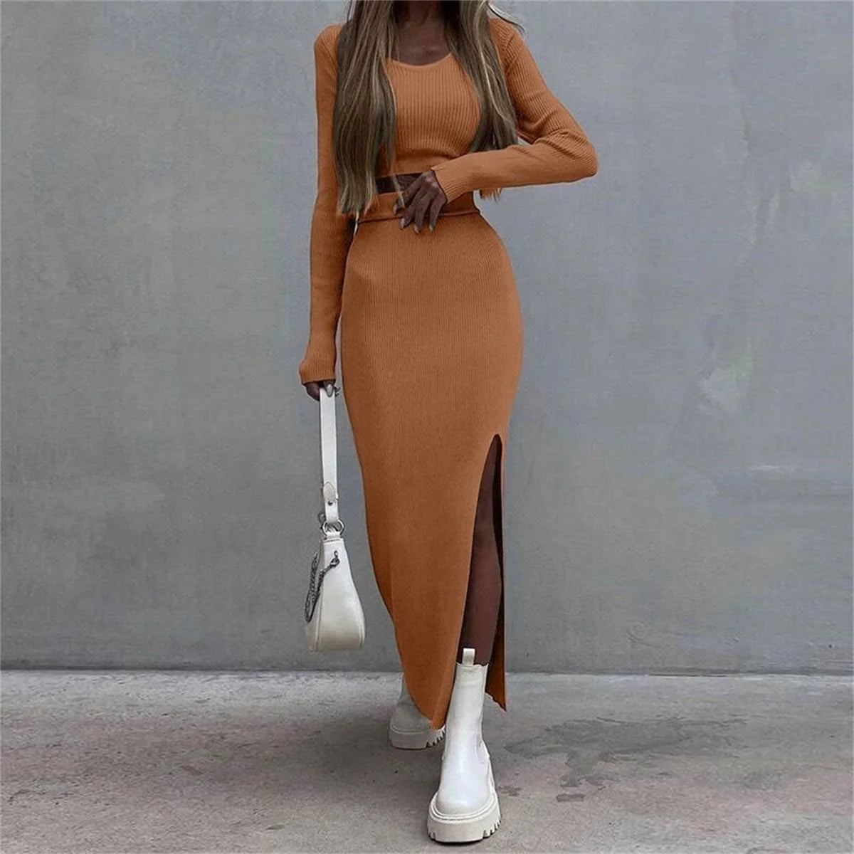2025 New Women Skirts Sets Spring Autumn Fashion Elegant 2 Piece Set Long Sleeve Top Split Skirt Slim Solid Clothing Casual Suit