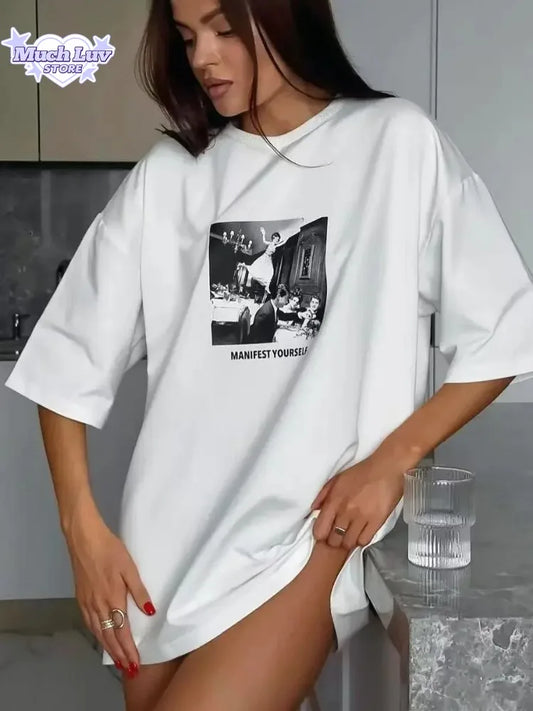 Women Printed T Shirt for Summer 100% Cotton Fashion White Vintage Short-sleeve Printing T Shirts Fashion Hip Hop Loose Tees