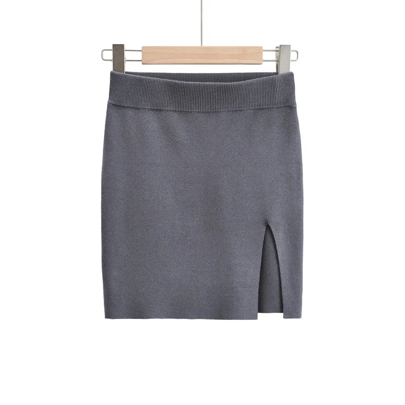 Knitting Women Skirts Side Split Brown Solid High Waist Autumn Fashion Skinny Harajuku E-Girl Female Short Skirt QT047