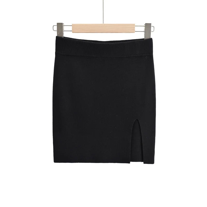 Knitting Women Skirts Side Split Brown Solid High Waist Autumn Fashion Skinny Harajuku E-Girl Female Short Skirt QT047