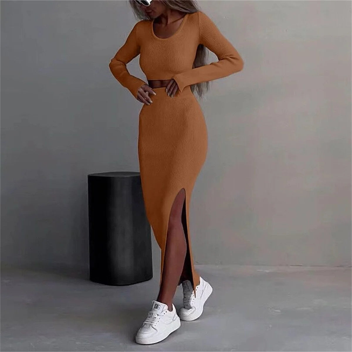 2025 New Women Skirts Sets Spring Autumn Fashion Elegant 2 Piece Set Long Sleeve Top Split Skirt Slim Solid Clothing Casual Suit