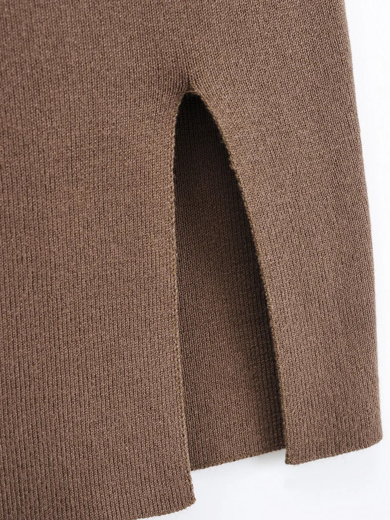 Knitting Women Skirts Side Split Brown Solid High Waist Autumn Fashion Skinny Harajuku E-Girl Female Short Skirt QT047