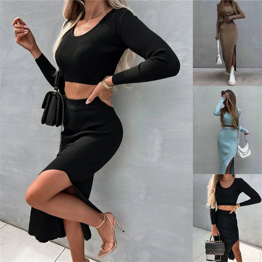 2025 New Women Skirts Sets Spring Autumn Fashion Elegant 2 Piece Set Long Sleeve Top Split Skirt Slim Solid Clothing Casual Suit